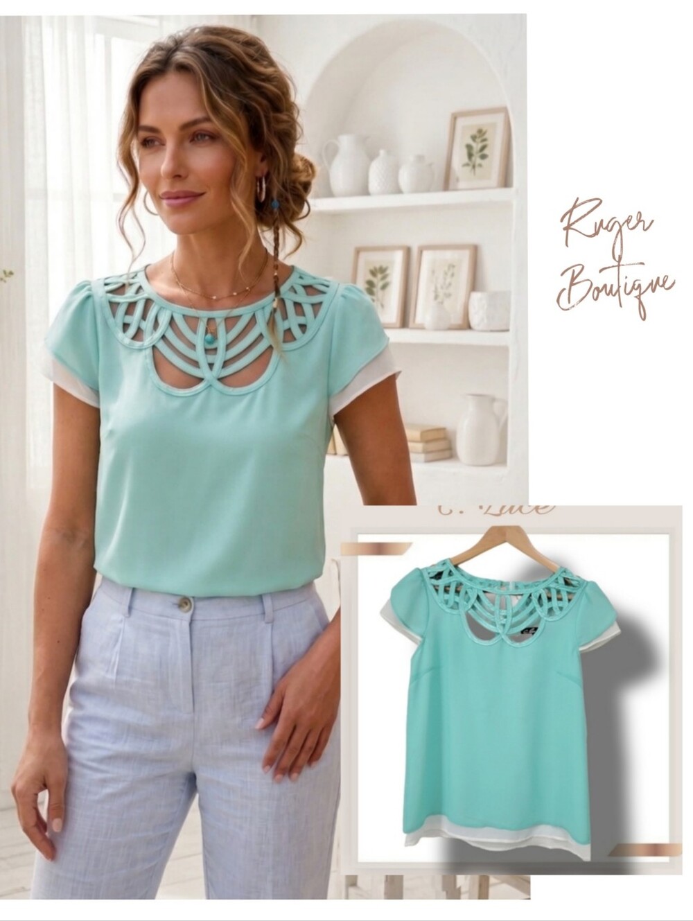 🌿C. Luce Women's Small Mint & White Cap Sleeve Lattice Bodice Blouse